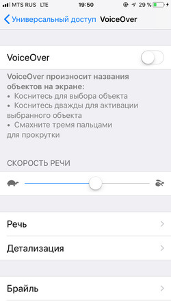 Меню раздела VoiceOver
